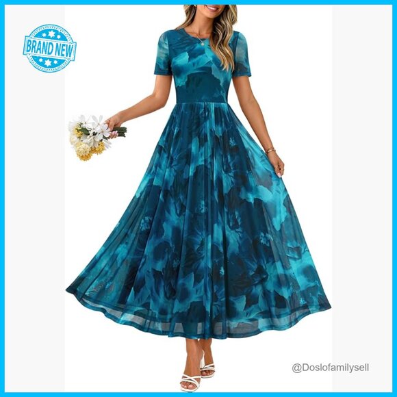 Dresses & Skirts - Floral Mesh Maxi Dress Short Sleeve Formal Wedding Guest A-Line Flowy